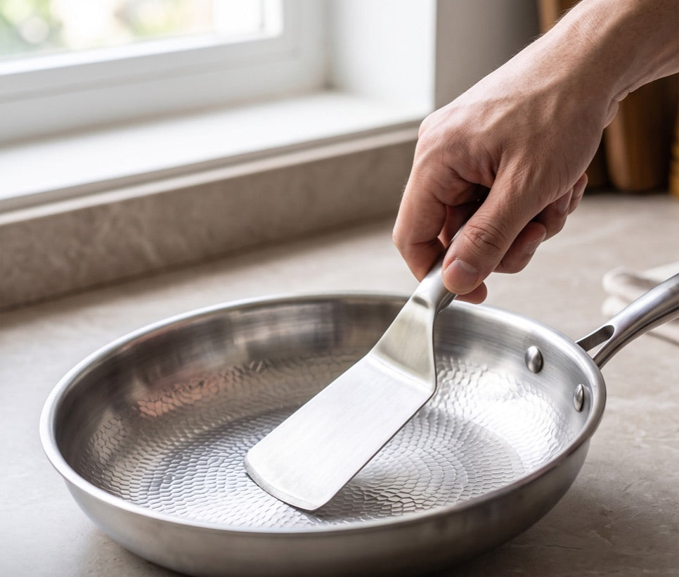 Spatule en métal posée dans une poêle à surface martelée