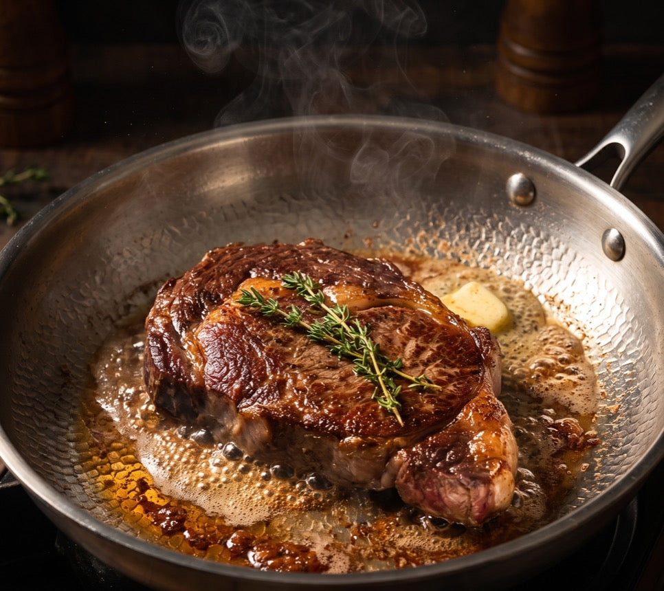 Pièce de bœuf saisie dans une poêle avec du beurre et du thym