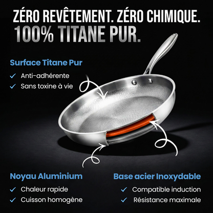 Structure : surface titane pur, noyau aluminium, base acier inoxydable induction