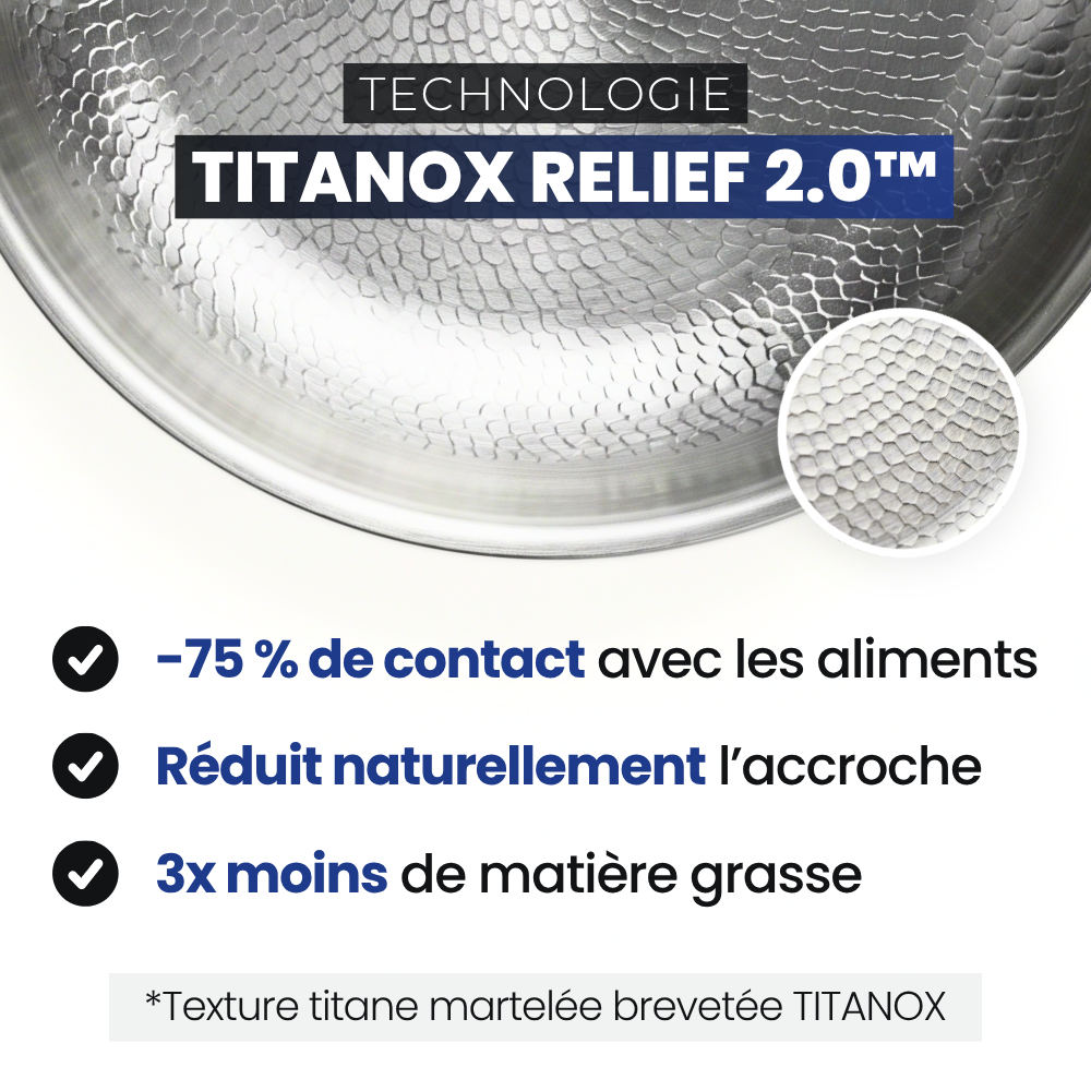 Surface en titane martelé : moins de contact, moins d'accroche, 3x moins de matière grasse